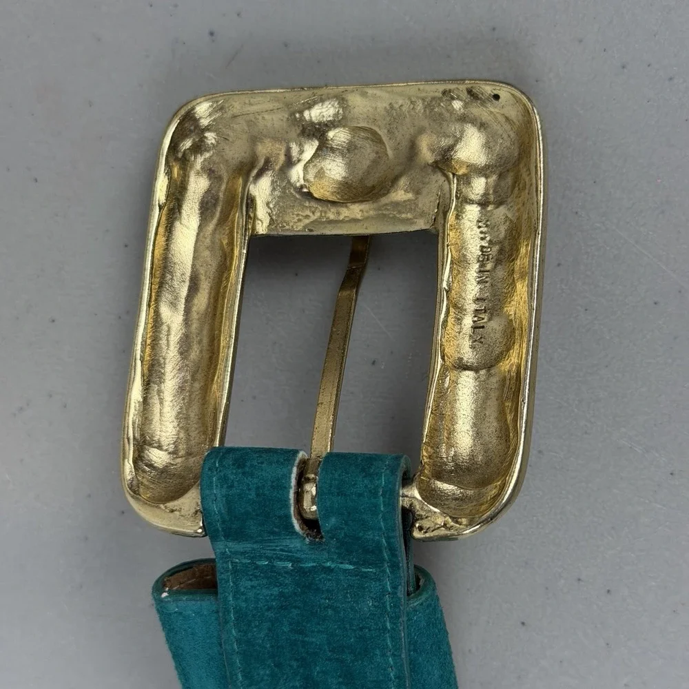 Kandell & Marcus Green Leather Belt Gold Tone Buckle Size Small USA Vtg